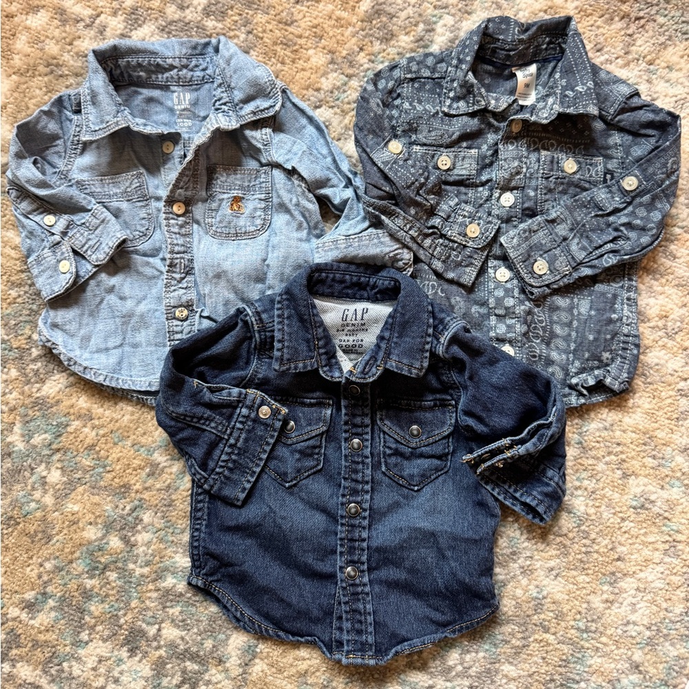 3x Denim button up shirts bundle, size 3-6 months and 9 months
